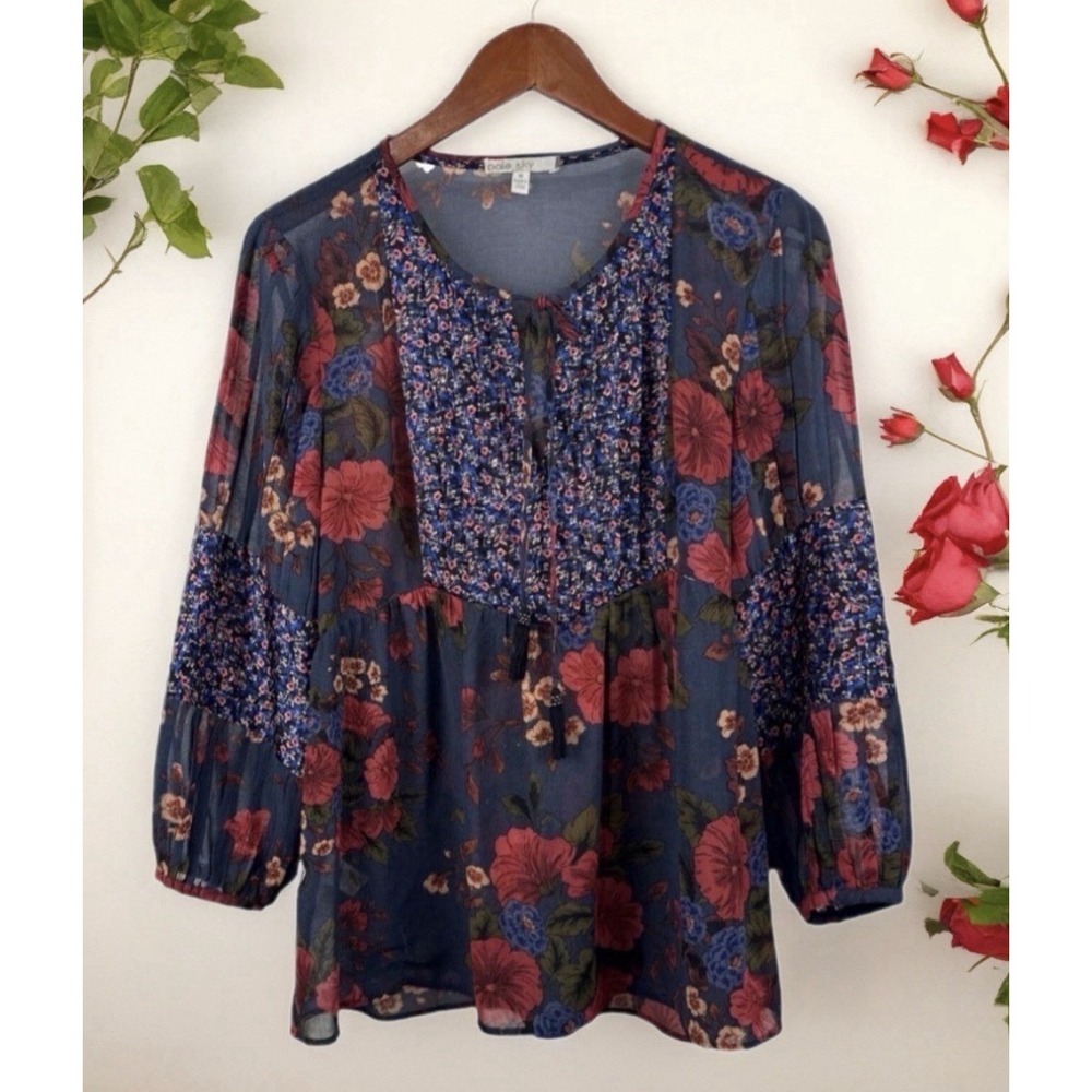 Pale Sky Floral‎ Peasant Blouse Women Size M Blue Boho Tassel Tie Top PS20311PG4